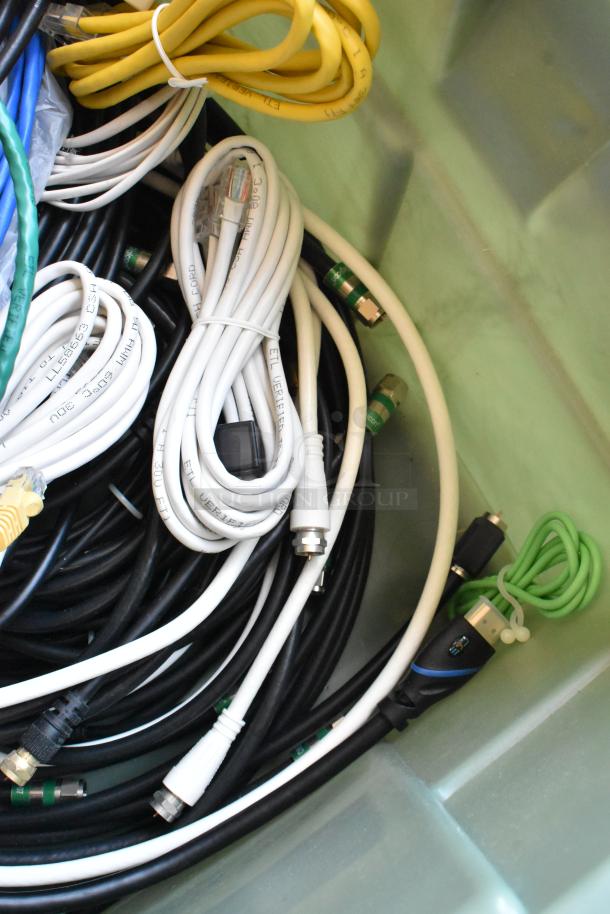 Lot of assorted Anki unit wiring in a poly bin; includes yellow, white, black cables with connectors, some labeled "ETL Verified."