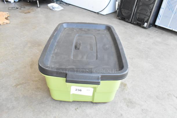 Poly bin with lot of wiring inside, green base with black lid, labeled "236 QTY."