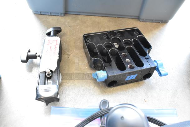 Lot of items including Sekonic L-758, P-V212 Mount Adapter Plate, V Mount Plate, Manfrotto 396B-2 in poly bin.