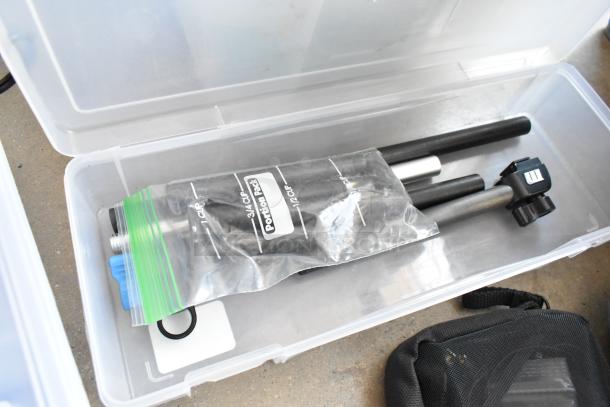 Lot including Movi Pro Pop-n Lock and accessories in a clear plastic bin, with labeled bags and equipment in good condition.