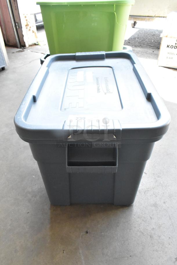 Gray poly storage bin by Brute with handle. Includes various items like Movi Pro Pop-n Lock. Green bin in background.