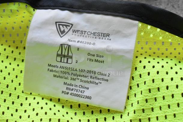 High visibility vest label by West Chester Protective Gear, Item #46200-O, one size, meets ANSI/ISEA standards, 100% polyester.