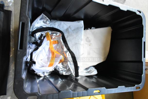 Hard poly bin containing assorted fabric materials including Westcott fabric, in good condition.