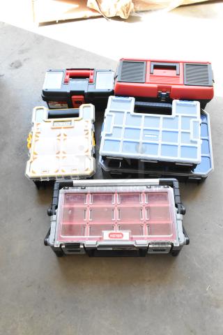 Lot of various hard cases including brands like DeWalt, Kobalt, Keter, and Tough. Different sizes, used condition.