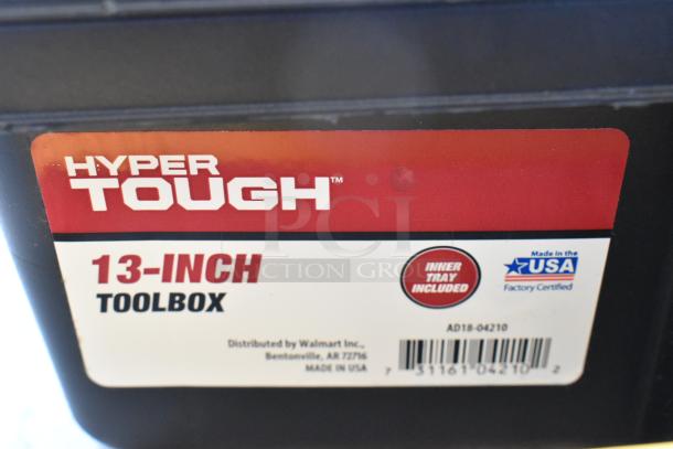 Hyper Tough 13-inch toolbox with inner tray. Made in USA. Markeings indicate factory certified.