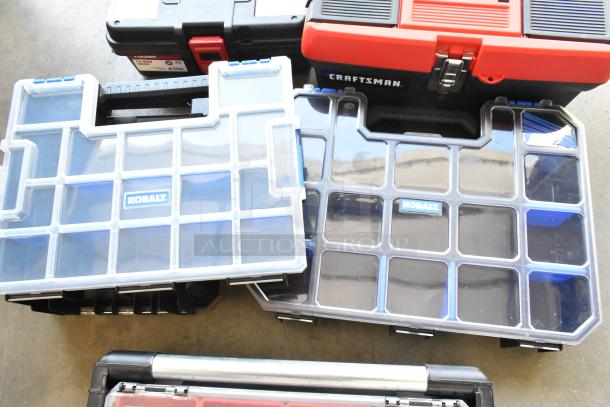 Lot of various hard cases including Kobalt and Craftsman, in good condition. Ideal for tool storage and organization.