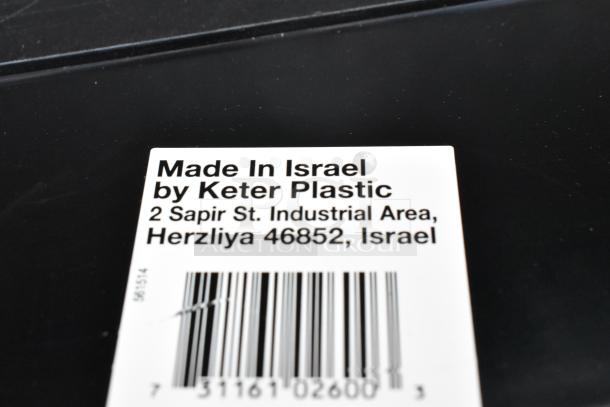 "Lot of various hard cases, made in Israel by Keter Plastic, featuring manufacturer label with barcode and address details."