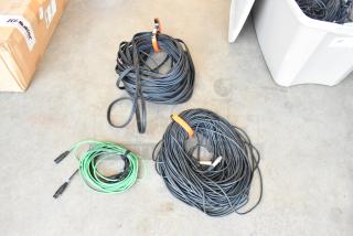 Lot of 3-pin XLR cables and component video cables in a poly bin; includes black and green cables with connectors, good condition.