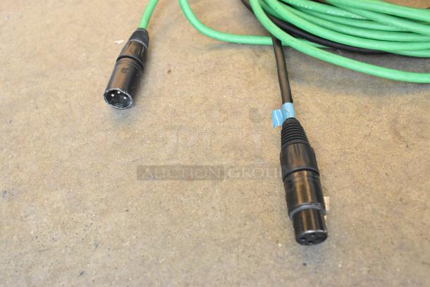 Lot of 3-pin XLR and component video cables in poly bin, shown in used condition with green and black wiring.