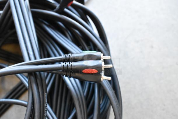 Lot of 3-pin XLR cables and component video cables in poly bin. Includes multiple black cables with connectors, good condition.