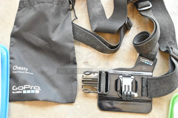 Lot of various items including GoPro Chesty chest mount harness, wires, poly containers in a poly bin. Good condition.