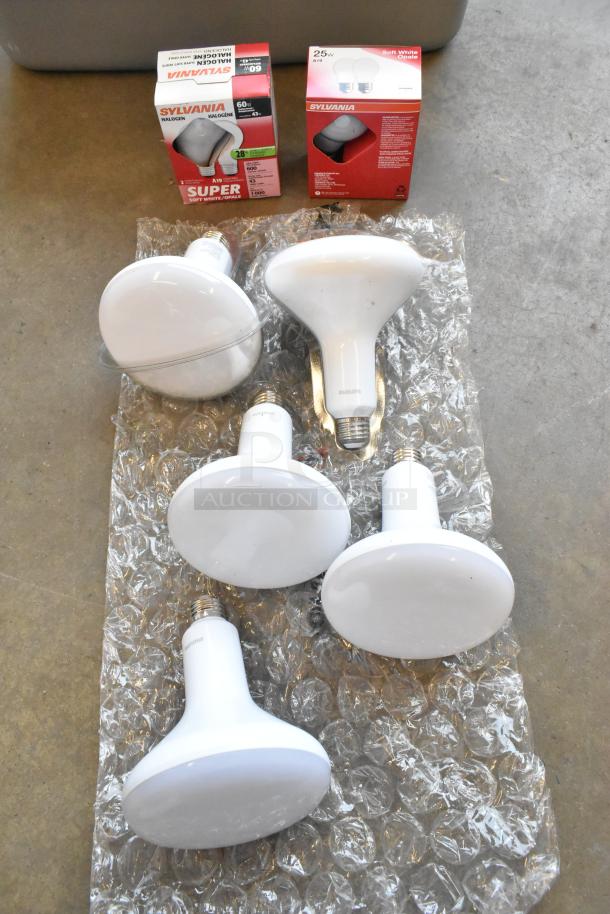Lot of Sylvania lightbulbs in poly bin, includes boxed A19 models and loose bulbs on bubble wrap. 