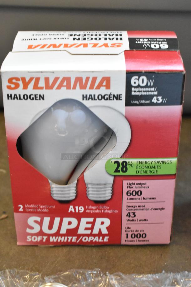 Lot of Sylvania halogen lightbulbs, A19, 60W replacement using 43W, 600 lumens, 1000-hour life, energy-saving, in a poly bin.