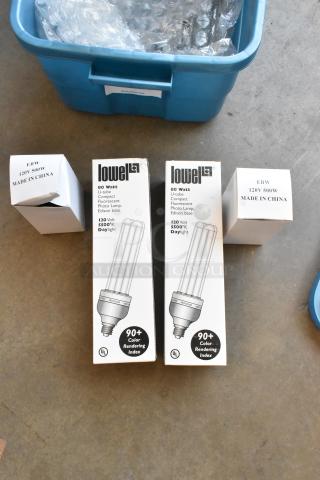 Lot of Lowel lightbulbs in poly bin. Includes 80W U-tube fluorescent lamps, 5500K daylight, 120V, 90+ CRI. Boxes labeled "EBW 120V 500W Made in China."