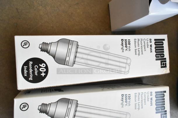 Lot of Lowel lightbulbs in poly bin, 80-watt, 5500K daylight, 90+ CRI, Edison base, compact fluorescent, new in boxes.