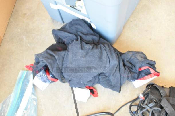 Lot of various items includes a square stock metal holder for fabric in a poly bin, with visible black and red fabric.