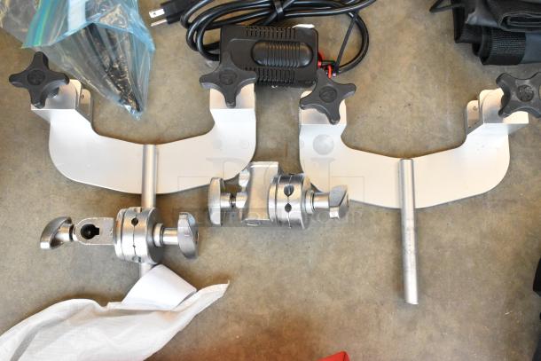 Lot of various items with metal holder for fabric in poly bin, including connectors and cables, all in good condition.
