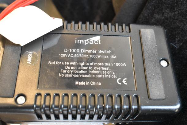 Impact D-1000 Dimmer Switch, 120V AC, 50/60Hz, 1000W max, 15A, for indoor dry use. Made in China, CE marked.
