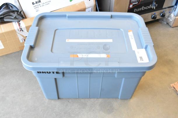 Poly bin with blue lid marked "Brute," containing various items including a square stock metal holder for fabric. Tags display "8x8" and item quantity "258."