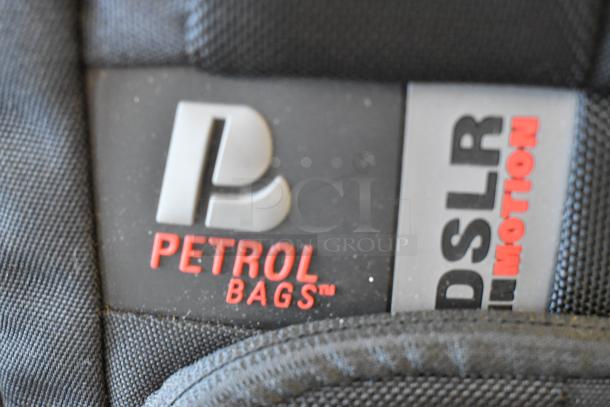 Two camera bags, including Petrol Bags and Porta Brace, shown. Labels indicate use for DSLR equipment. Good condition.