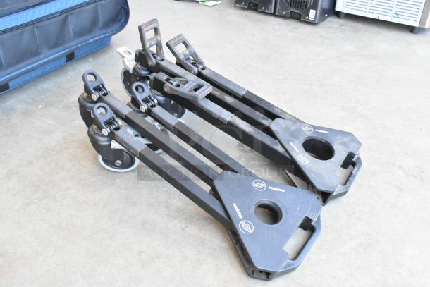 Porta Brace blue bag with Sachtler DV tripod base, black, in good condition, visible wheels and handles.