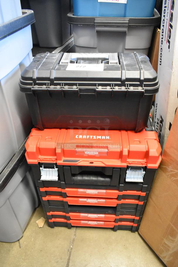 Two toolboxes: a black Husky and a red Craftsman VersaStack with multiple drawers, both in good condition, size 16x9x29.