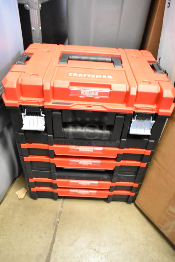 Craftsman toolbox, red and black, model Versastack, 16x9x29, stackable design with metal latches, excellent condition.