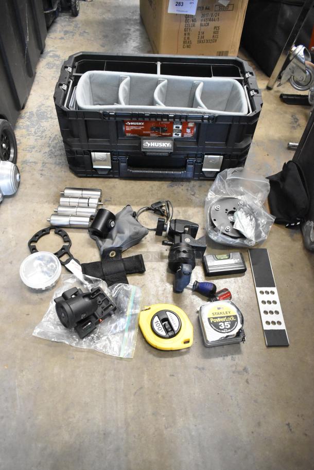 ALL ONE MONEY! Lot of Various Items Including GIottos MH7001,  Mitchell Wrench, Tape Measures in Husky Tool Box - Image 1 of 13