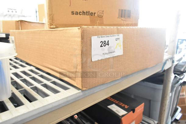 Box of 4 new Audio Technica AT0015 microphones, marked "Qty 4", on metal shelving, item 284 from PCIAuctions.com.