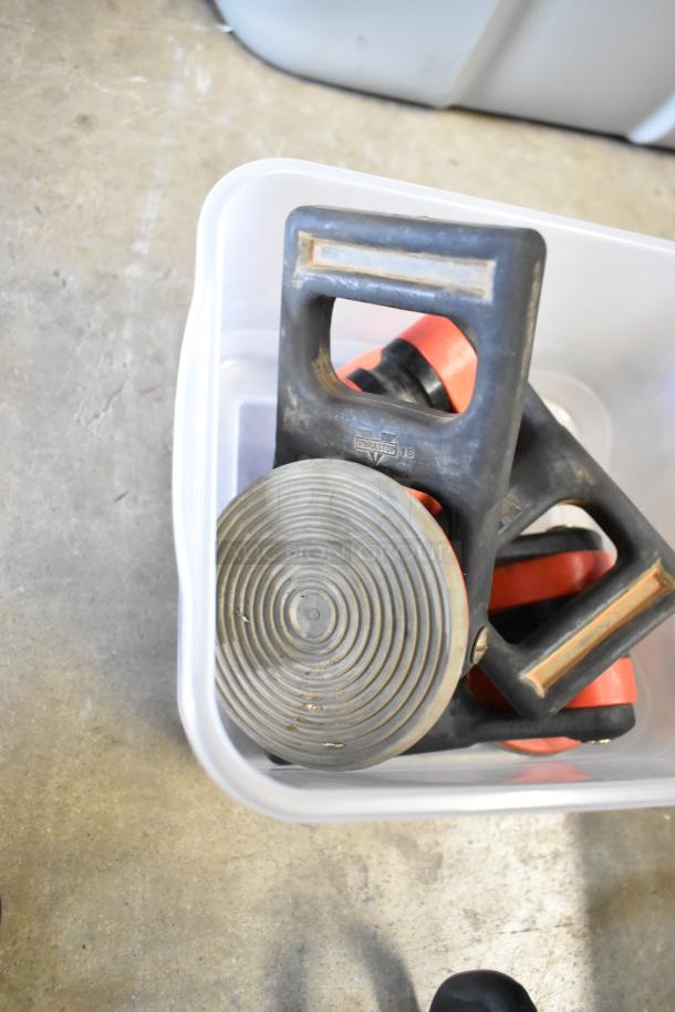 Lot of various mechanical parts in a poly bin, featuring VibraStop components with circular grips, used condition.