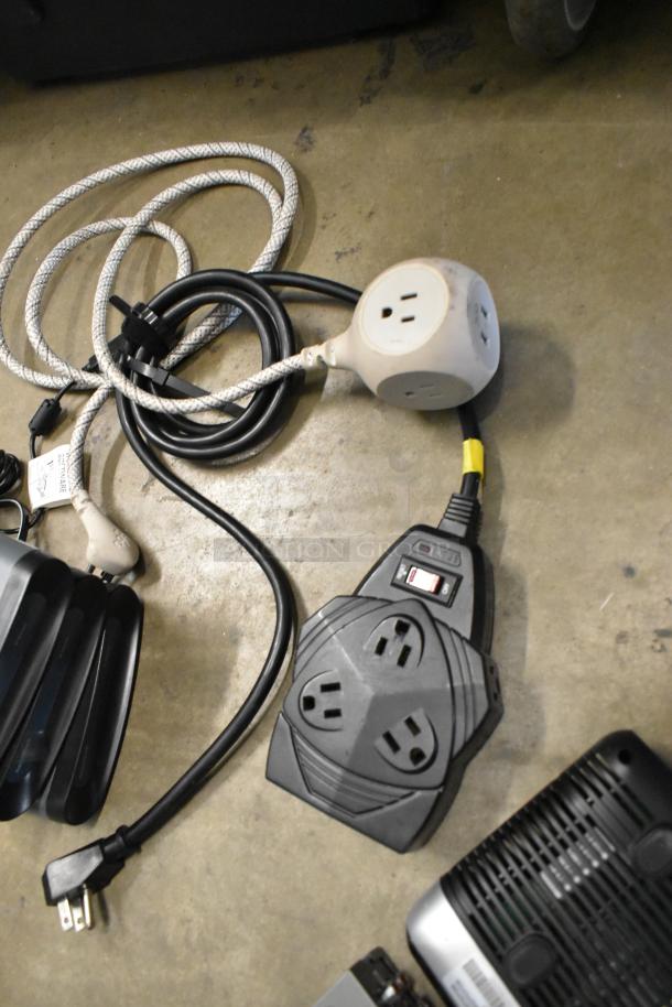 Lot with AVS411 Infrared Remote Control S Video Switch and 3 RadioShack RF Modulators in a poly bin. Various cables included.