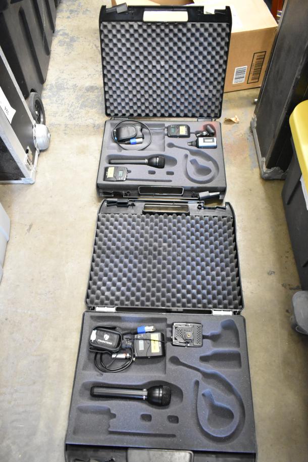 Two Sennheiser SK100 bodypack transmitters in foam-lined carry cases, excellent condition, includes microphones and accessories.