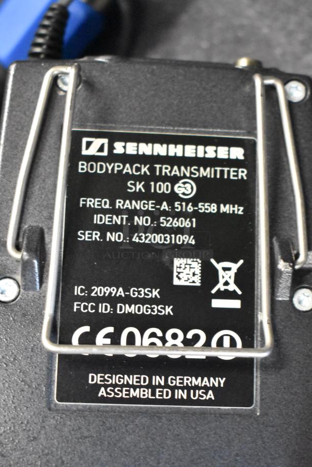 Sennheiser SK100 bodypack transmitter, frequency 516-558MHz, serial 4320031094, FCC ID DMOG3SK, designed in Germany.