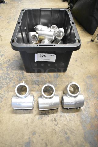 Lot of various metal fittings in a black poly bin, labeled "295", includes polished silver fittings marked "GINTI. O" and "NO-RAIL".