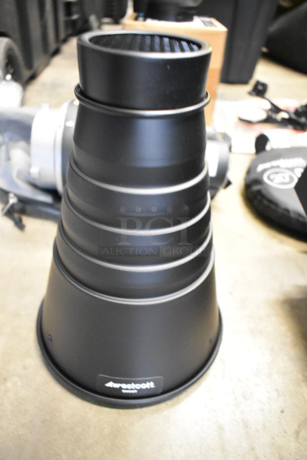 Westcott Snoot, black metal with brand label. Part of assorted lot including reflectors and holders in poly bin.
