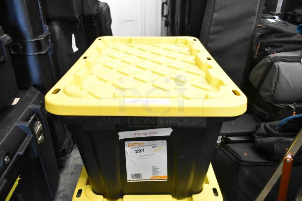Poly bin containing Westcott snoot, Westcott 20" reflector, M-Q mount, Impact ME-129 holder, 55" wide umbrella reflector.