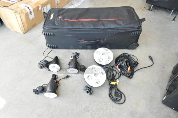 Lot of Impact FF-S1 Single Socket Fluorescent Lights, Westcott Basics D5, wires, and soft case; used condition.
