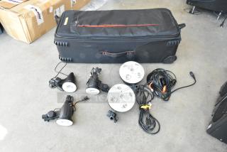 Lot of Impact FF-S1 Single Socket Fluorescent Lights, Westcott Basics D5, wires, and soft case; used condition.