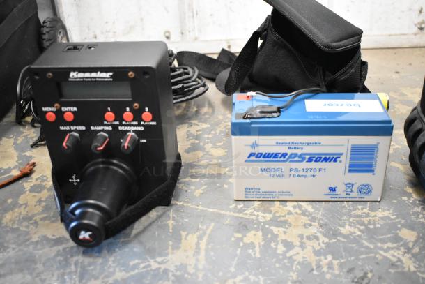 Kessler film-making unit with controls and Power Sonic PS-1270F1 rechargeable battery. Includes case and power cables.