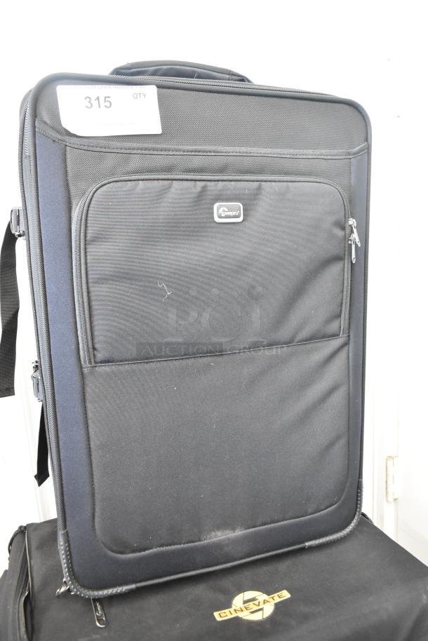 Three camera bags including Lowepro, Tenba, and Porta Brace. Black, zippers for access. Size: 16x10x25 inches.