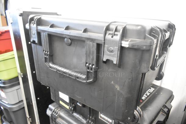 SKB hard case, black, sturdy construction, secure latches, ergonomic handle, good condition, ideal for equipment protection.