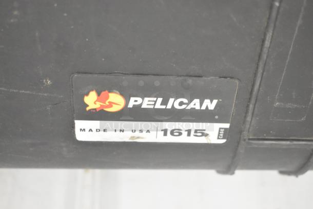 Pelican 1615 hard case label, made in USA, containing adapters, Zip Linq, poly containers. Sturdy and durable.