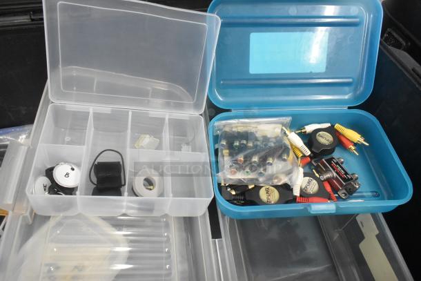 Pelican hard case with adapters, Zip Linq components, and poly containers in good condition. Visible labeling includes "Zip Linq."
