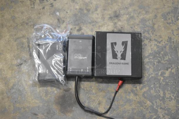 Ditogear unit with cables and Dragon Frame box. Includes Vipow LP7.5-12. Good condition, visible ports, and labels.
