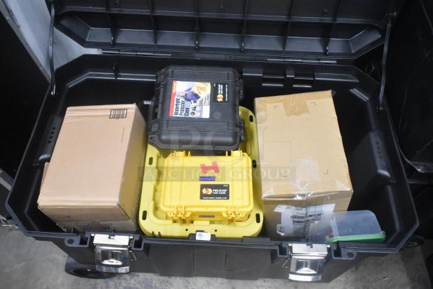 Stanley hard case with mounting hardware, clamps, SM extension cords, air blowers, Ethernet cables, viewfinder, assorted boxes.