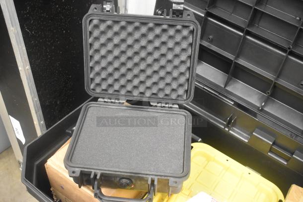 Stanley hard case with foam interior, includes mounting hardware, clamps, SM extension cords, air blowers, Ethernet cables, viewfinder.