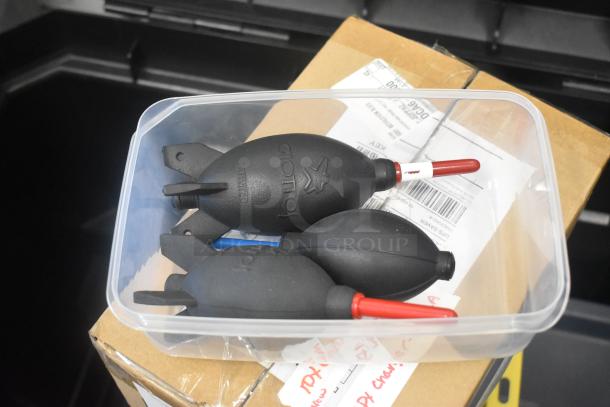 Stanley hard case with various hardware, includes air blowers and labeled contents in excellent condition.