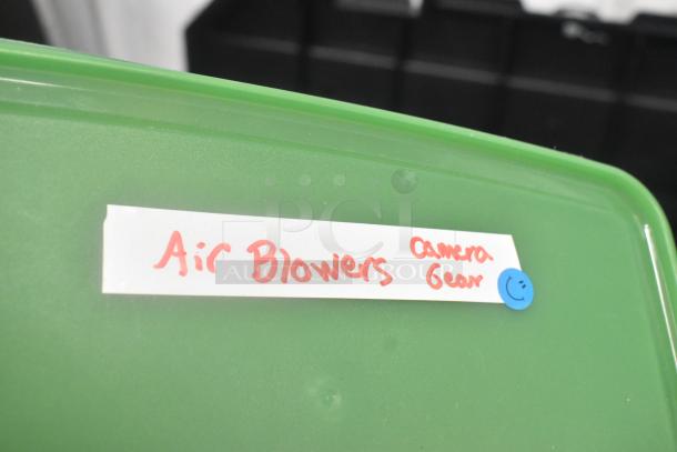 Stanley hard case containing mounting hardware, clamps, SM extension cords, air blowers, Ethernet cables, viewfinder; labeled "Air Blowers Camera Gear."