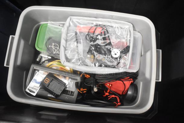 Stanley hard case containing mounting hardware, clamps, SM extension cords, air blowers, Ethernet cables, and viewfinder.