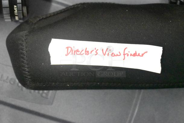 Stanley hard case with viewfinder, labeled "Director's Viewfinder," includes mounting hardware, clamps, extension cords, air blowers, Ethernet cables.